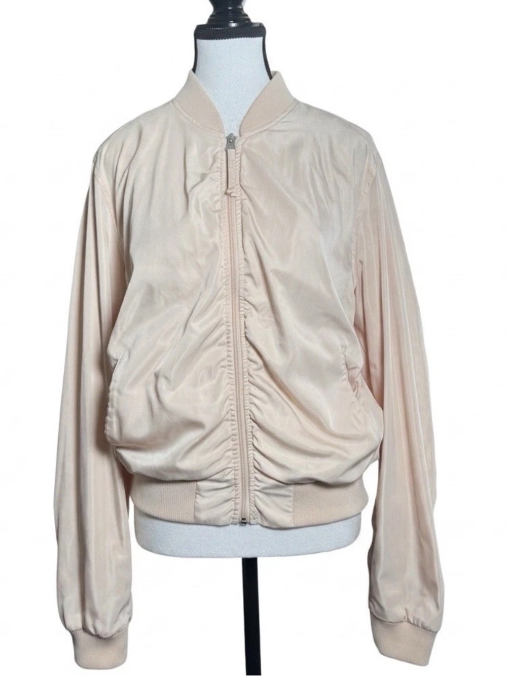 Zella Women's Bomber Jacket Natural Beige Large Full Zip Ruched Detail Vented